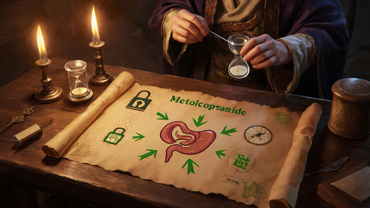 Alchemist's parchment shows Metoclopramide mechanism with D2 lock and stomach arrows.