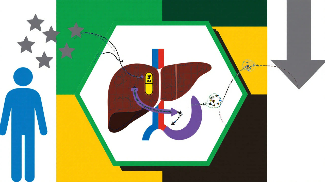 Bauhaus illustration of liver processing solifenacin and alcohol with arrows and dizziness symbols.