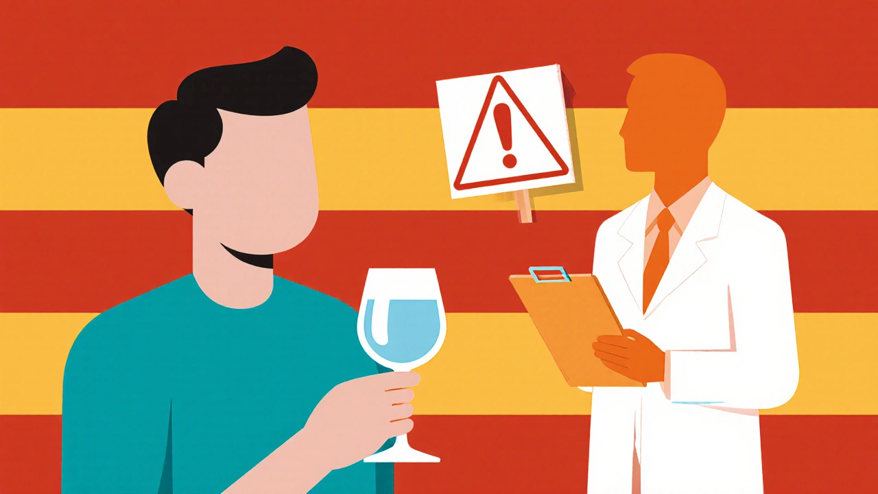 Bauhaus style scene of a person at a social event holding a drink with health warning icons.