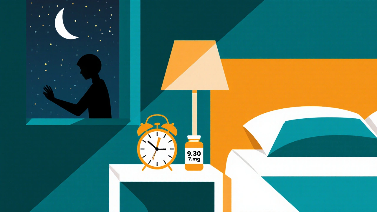 Bedroom at night with clock, pill bottle, and person turning off lamp for bedtime dosing.