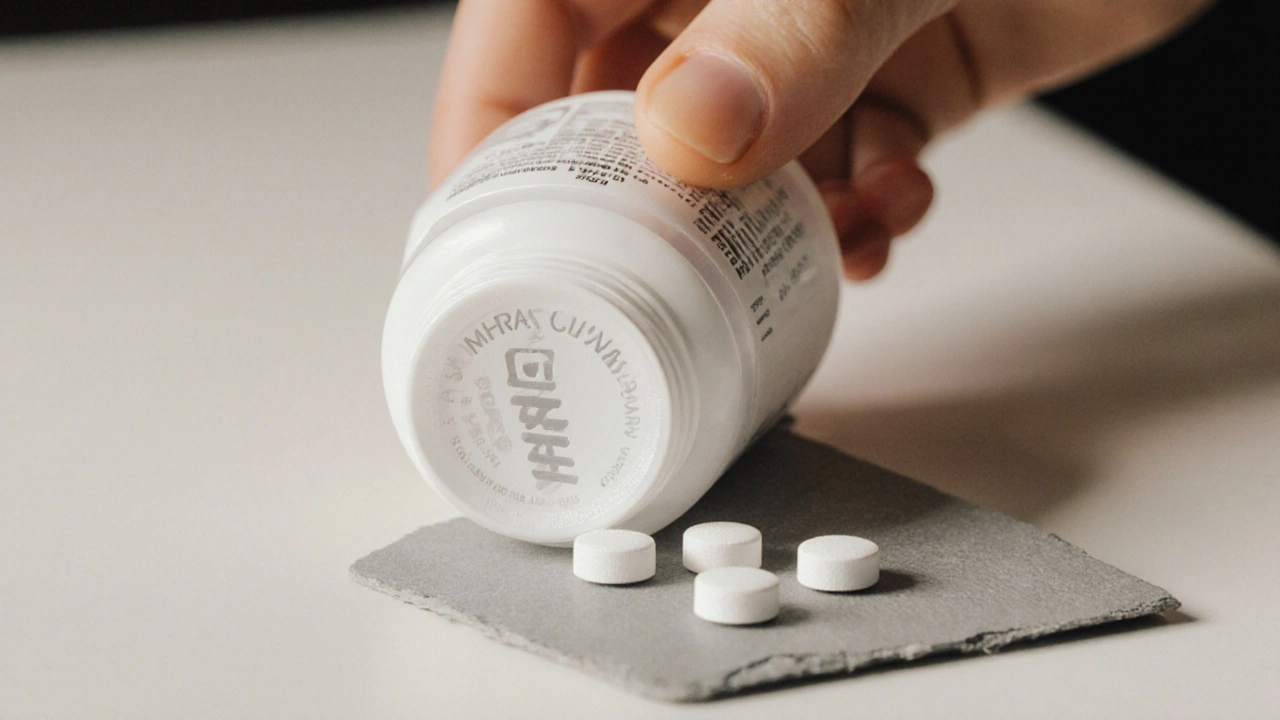 Close‑up of a plain pill bottle with MHRA logo and hand holding tablets.