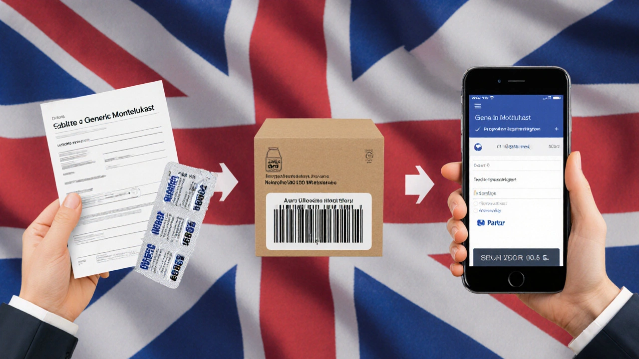 Collage of prescription, generic tablets, delivery box, and secure payment screen.