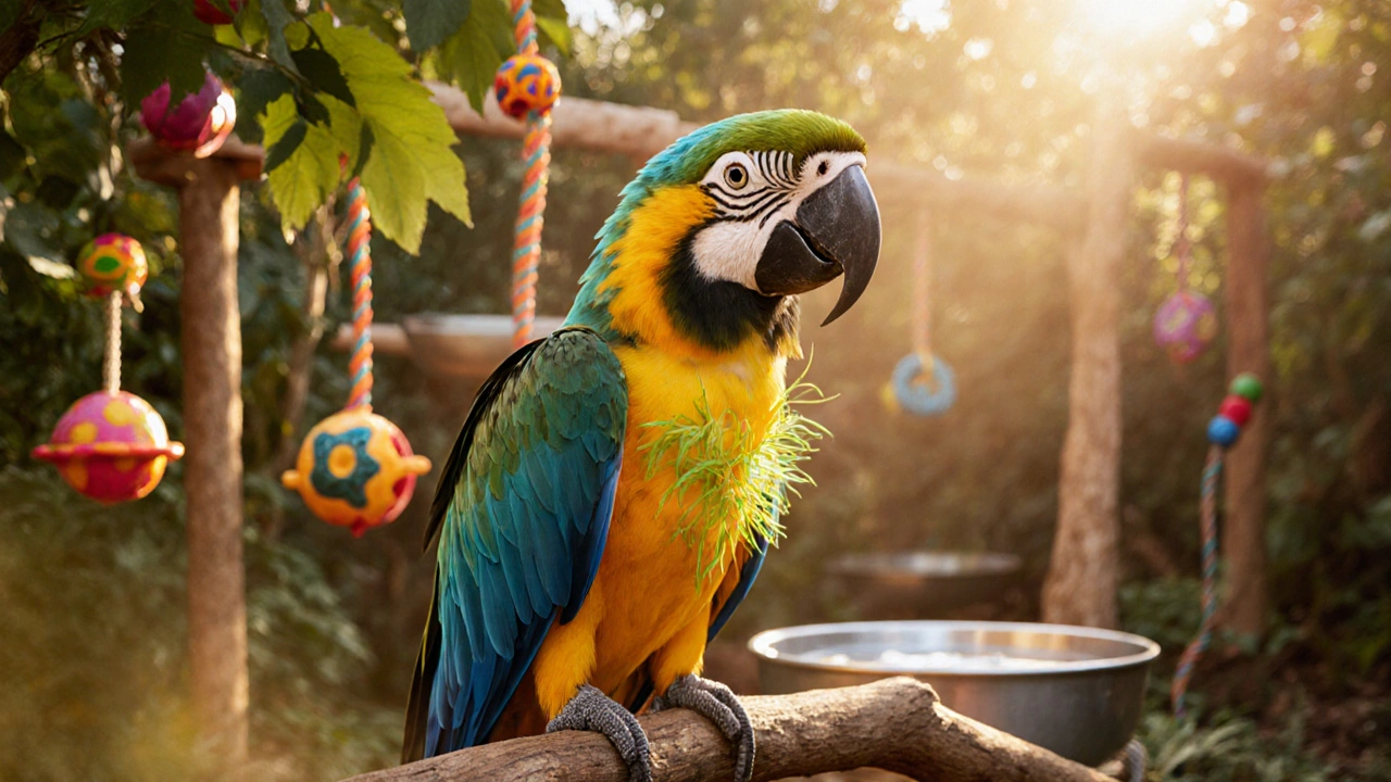 Colorful parrot in an enriched cage showing new feather growth under bright light.