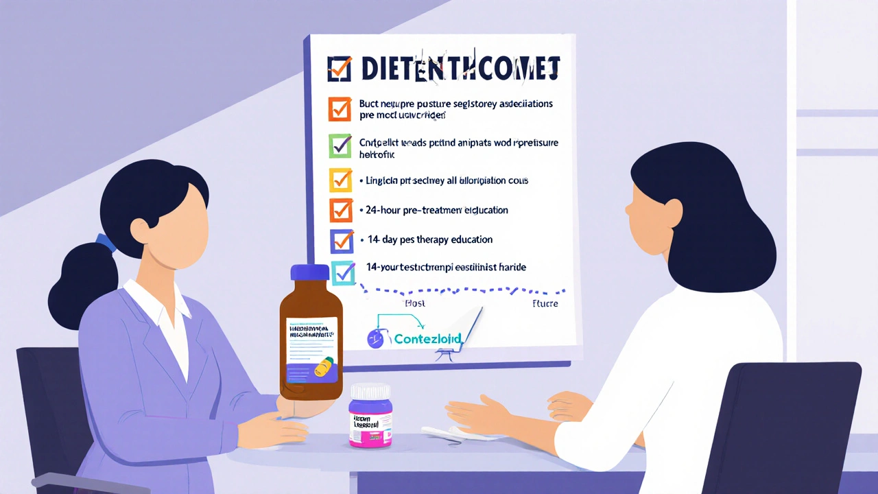 Dietitian and patient review a Bauhaus‑style checklist for linezolid diet and monitoring.