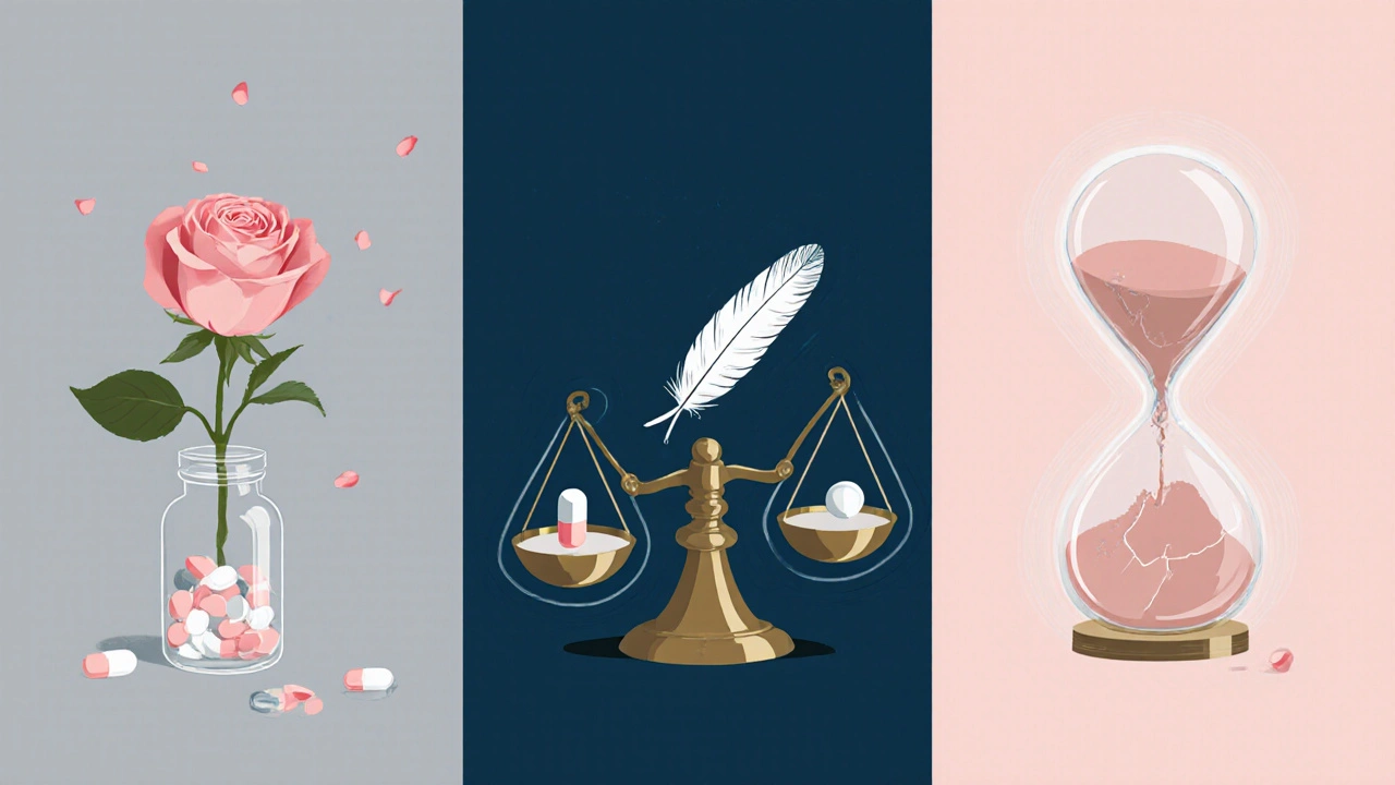 Digital illustration depicting side‑effect symbols: wilted rose, scale, cracked hourglass with pill capsules.