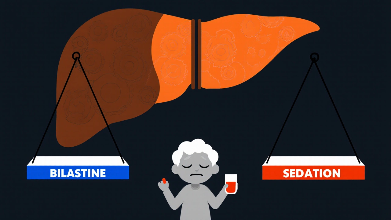 Elderly figure looking dazed as two colored swings push a higher sedation swing, with abstract liver behind.