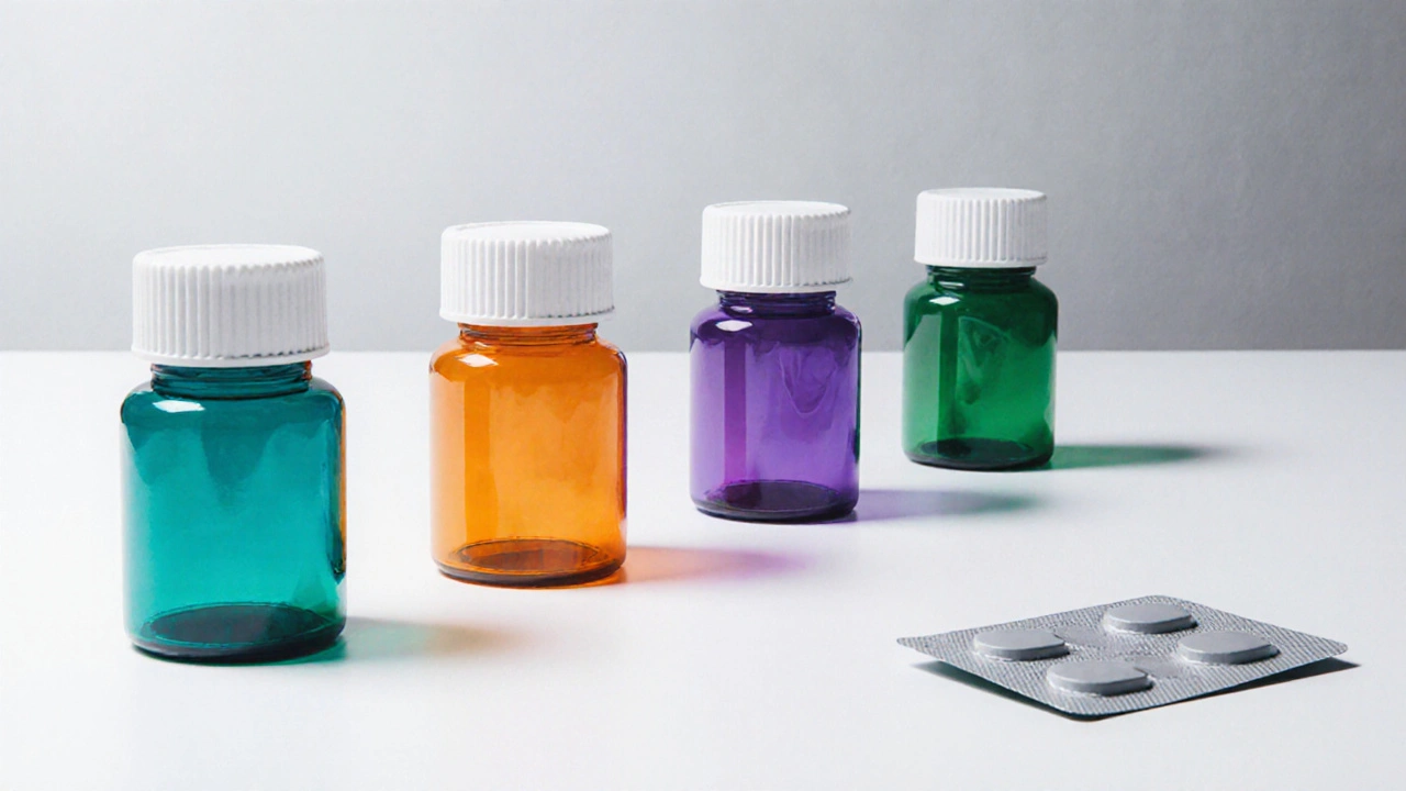 Five pill bottles and a patch arranged on a table, each in distinct colors.