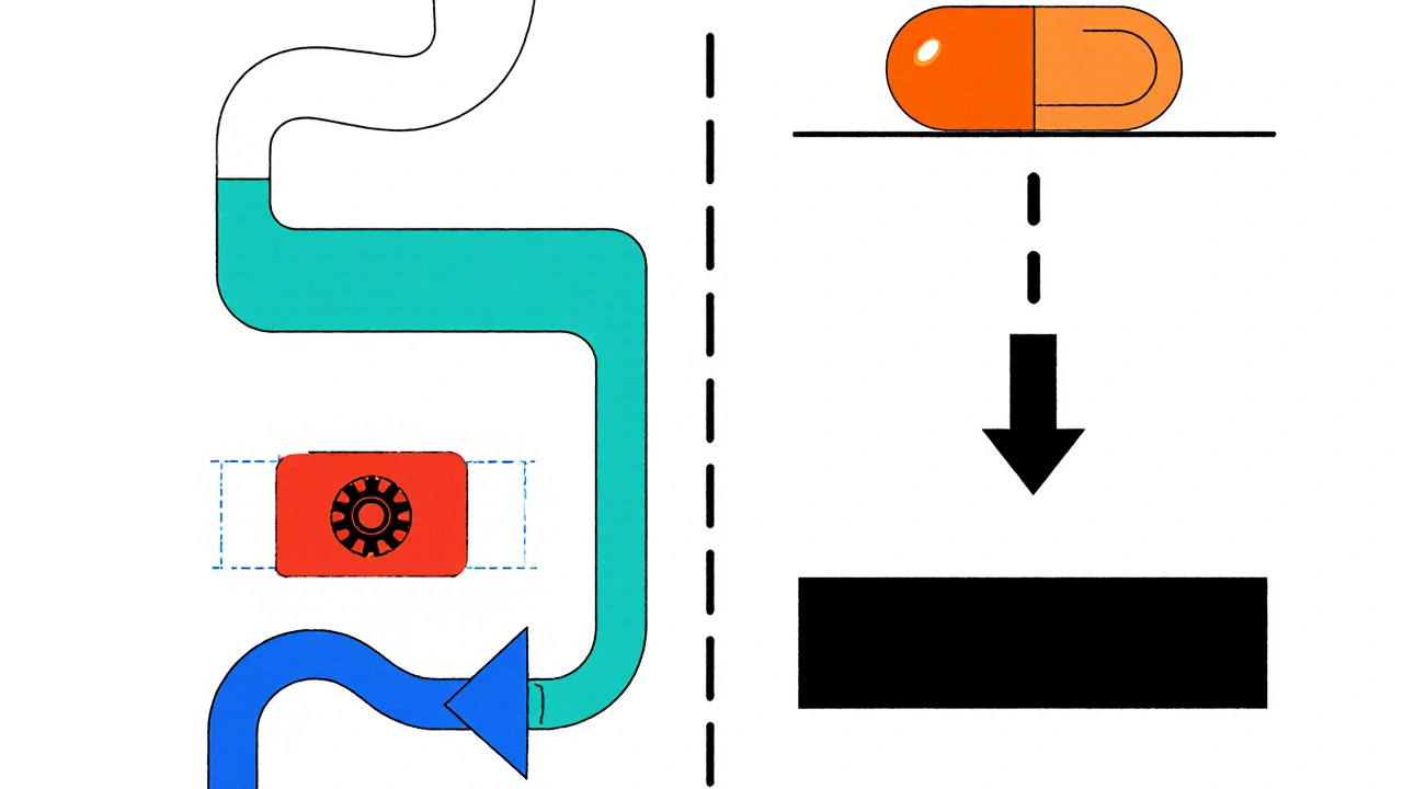 Flow diagram of a pill being absorbed, processed by the liver, and entering the brain in Bauhaus style.