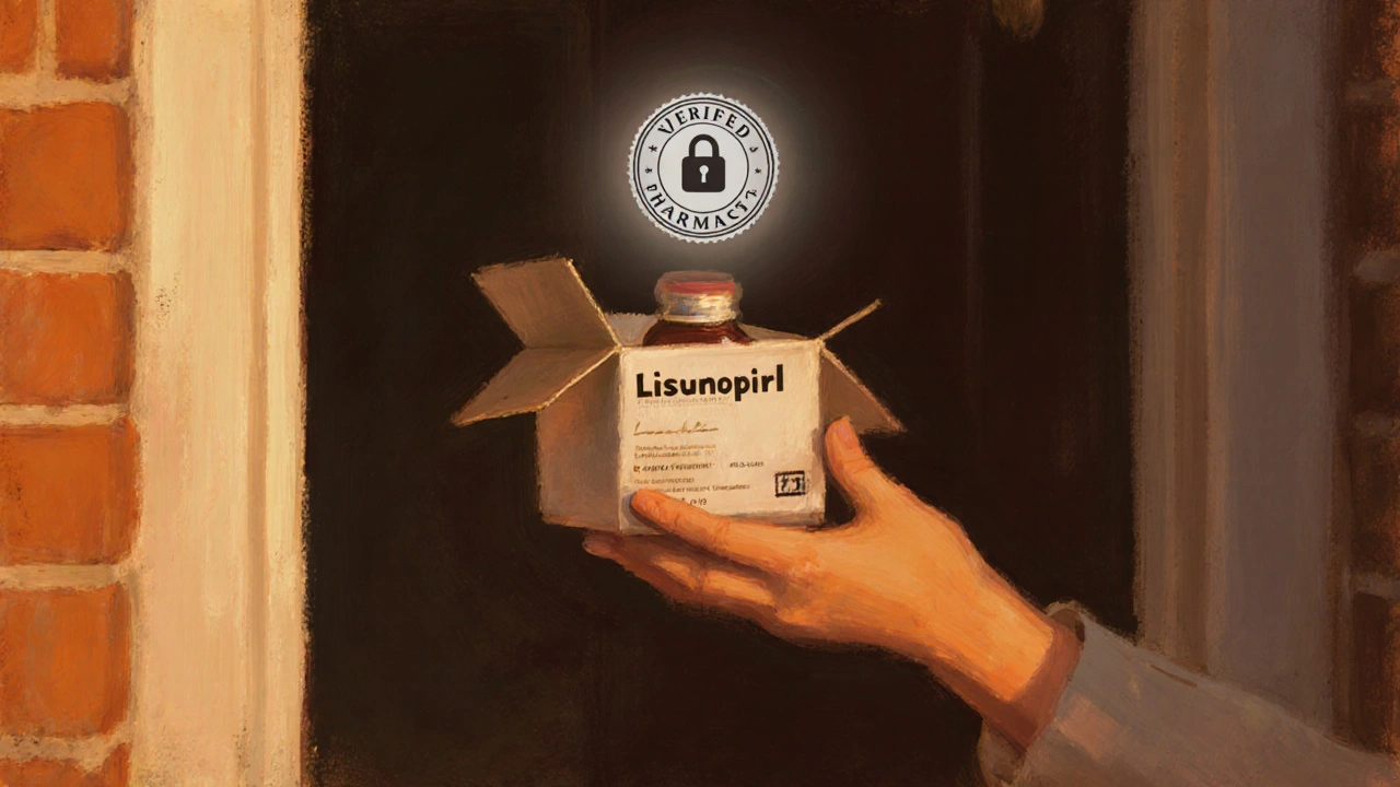 Hand opening a delivery box revealing a lisinopril bottle, symbolizing safe online purchase.