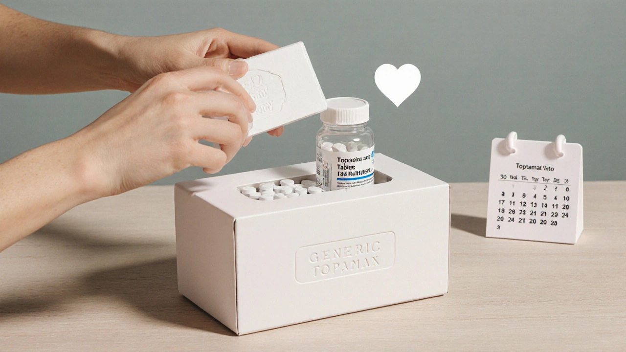 Hands opening a box to reveal Topamax tablets beside a calendar.