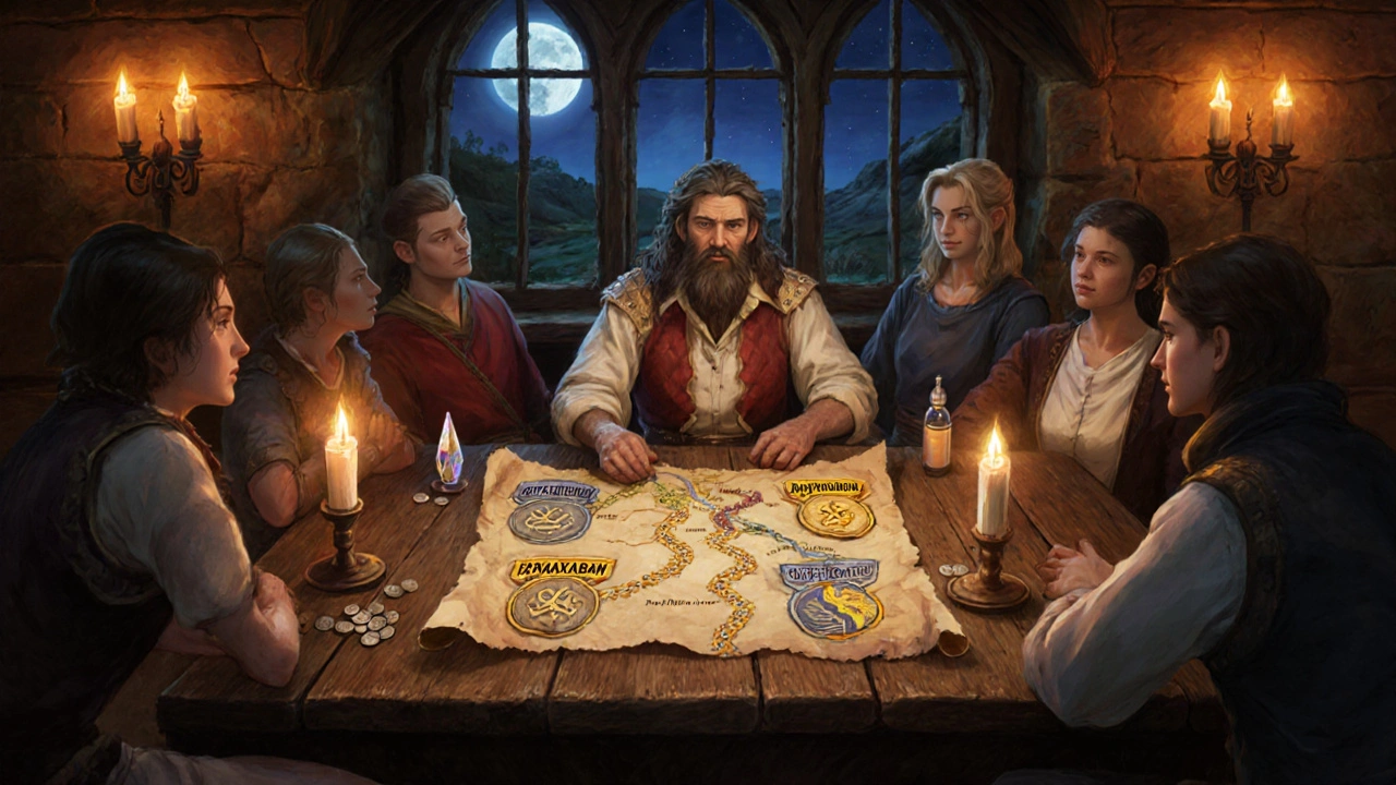 Healer in a tavern advises adventurers, with illuminated path signs for different anticoagulants.