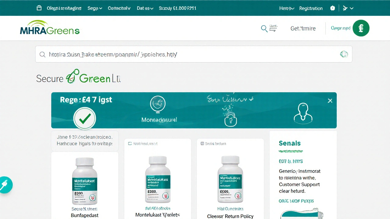 Illustrated UK pharmacy page with MHRA green check, secure icons, and price cards.