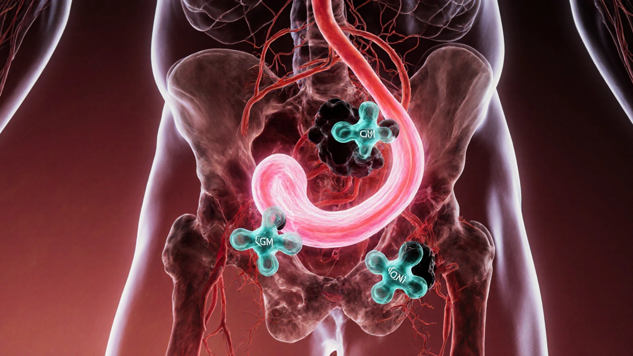 Illustration of blood vessels widening as tadalafil blocks an enzyme.