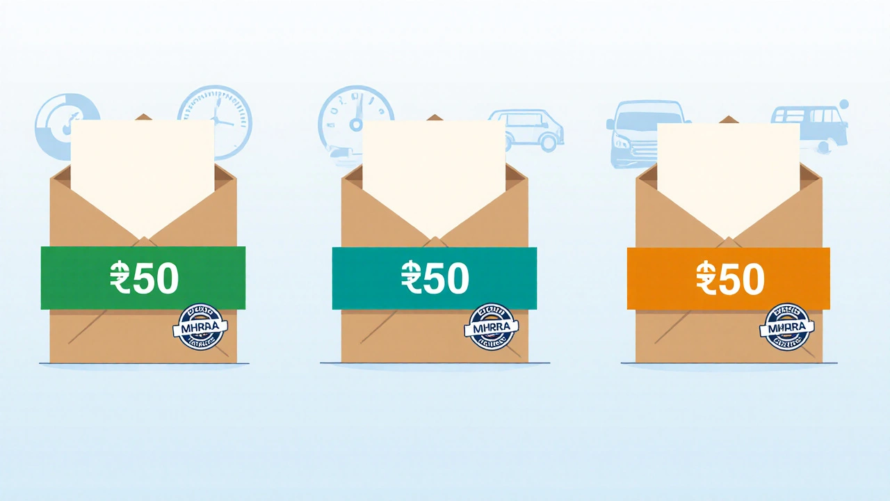 Illustration of three plain medication boxes with MHRA logos and color ribbons.