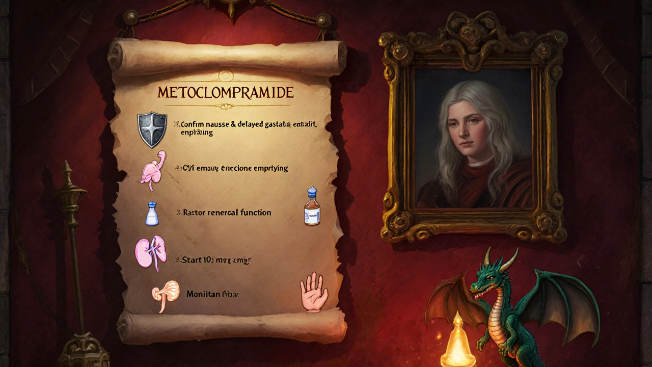 Infirmary quest board lists Metoclopramide dosing steps with icons and a guardian spirit.