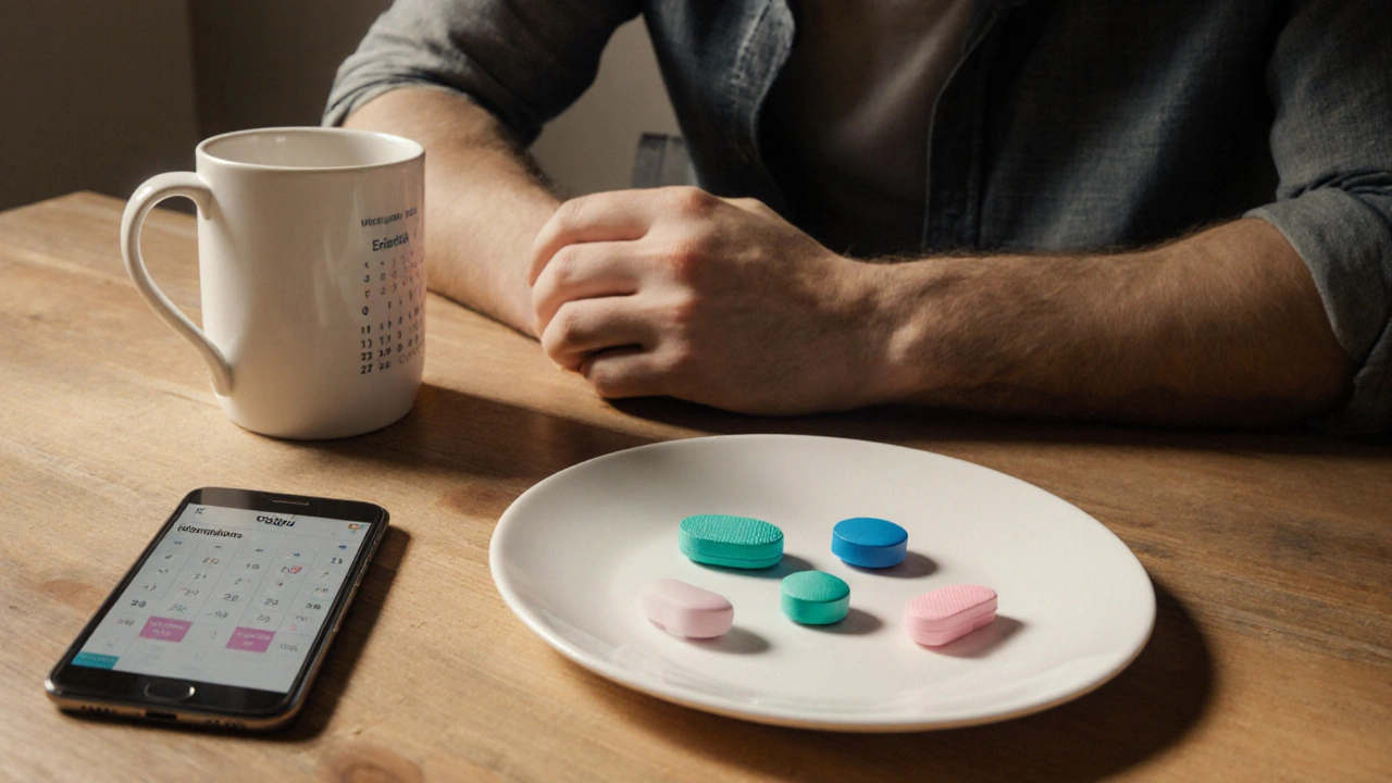 Man at a table reviewing various colored ED tablets before choosing.