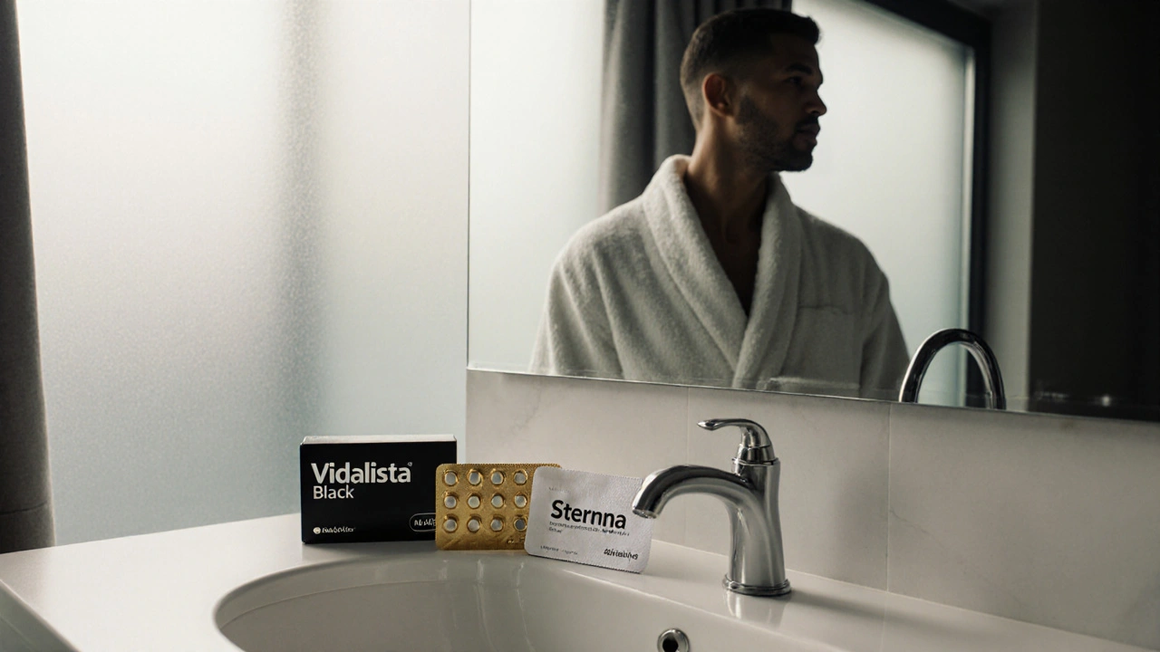 Man in bathroom contemplating three different ED medication packs.