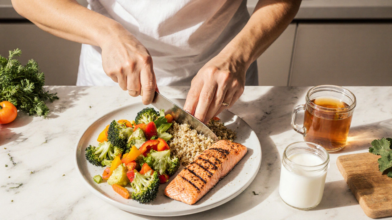Meal prep showing salmon, quinoa, vegetables, kefir, and tea on a sunny kitchen table.