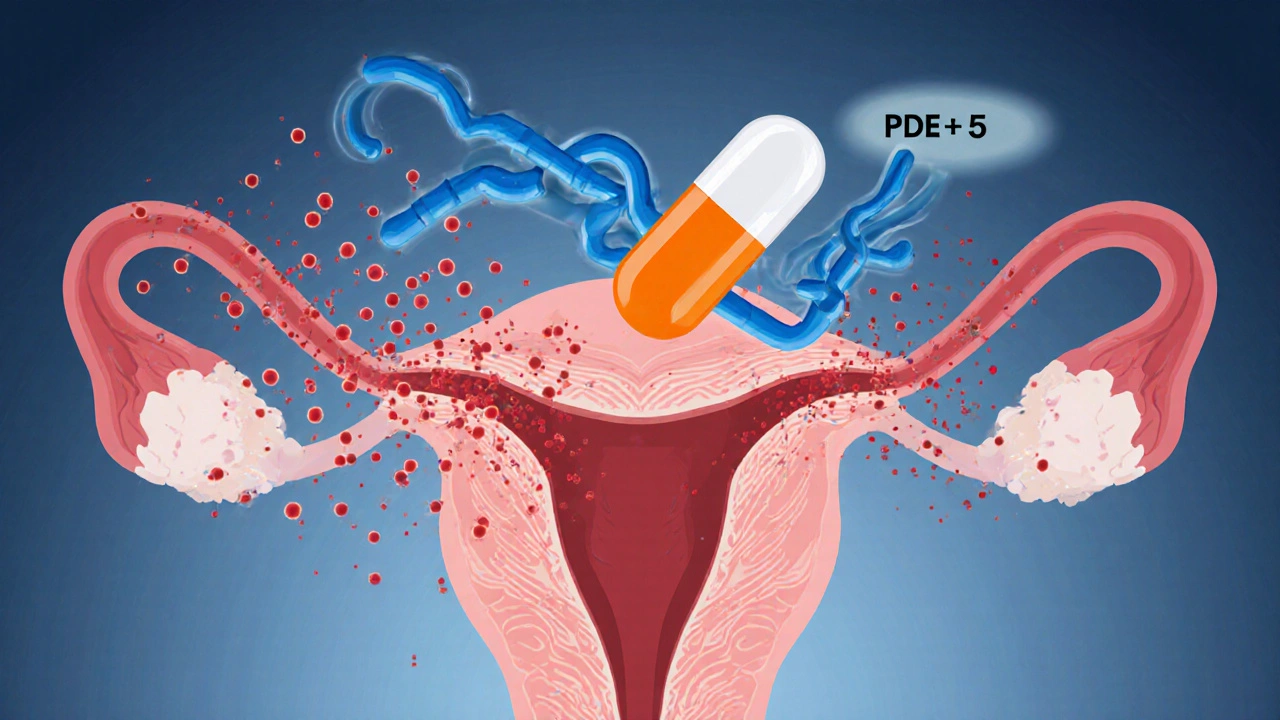 Medical diagram showing sildenafil blocking PDE‑5 to enhance blood flow.