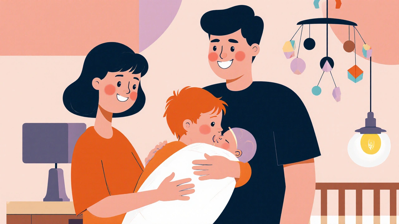 Older child gently kisses newborn while parents watch in a cozy nursery.