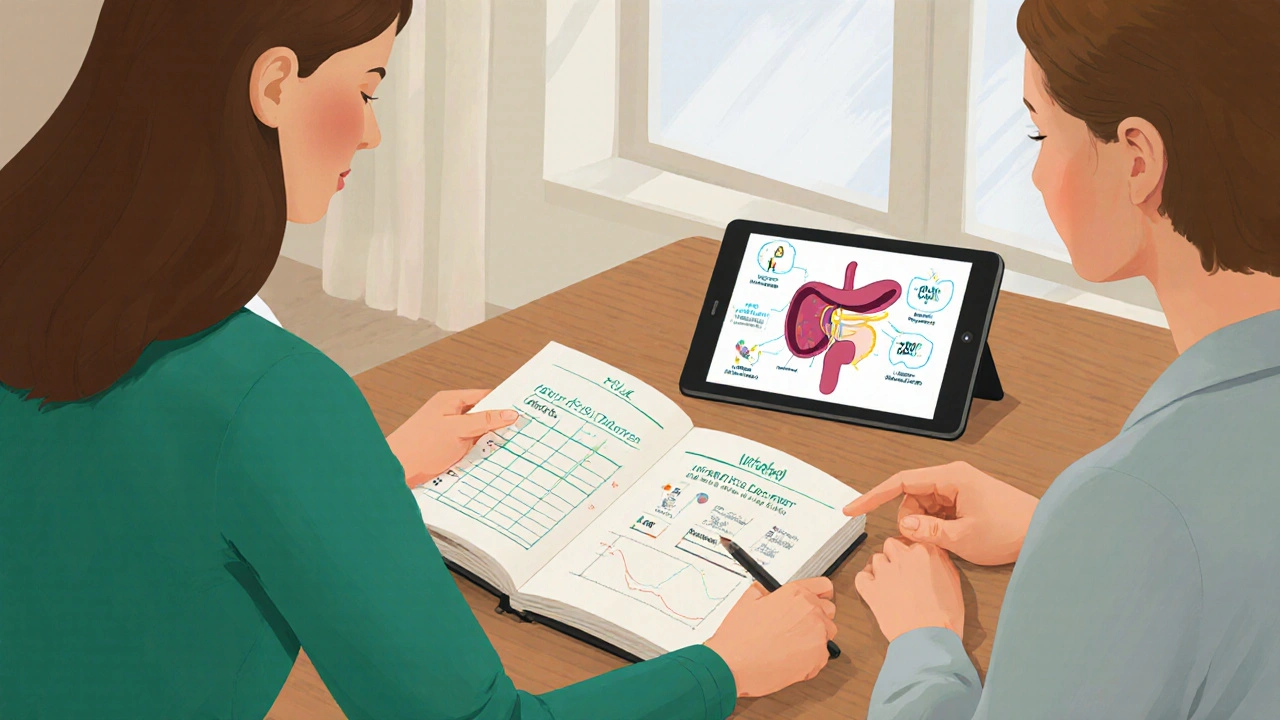 Patient and dietitian reviewing health journal and pancreas diagram in a calm setting.