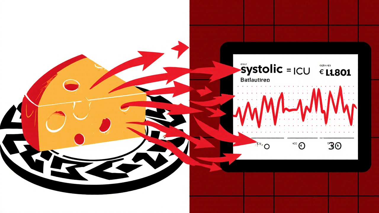 Patient eats aged cheese and a visual surge of norepinephrine leads to a high blood pressure monitor.