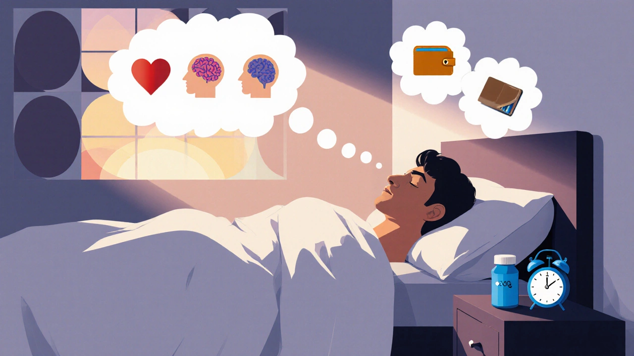 Peaceful bedroom at sunrise with a patient sleeping, thought bubble showing heart, brain, and wallet icons.