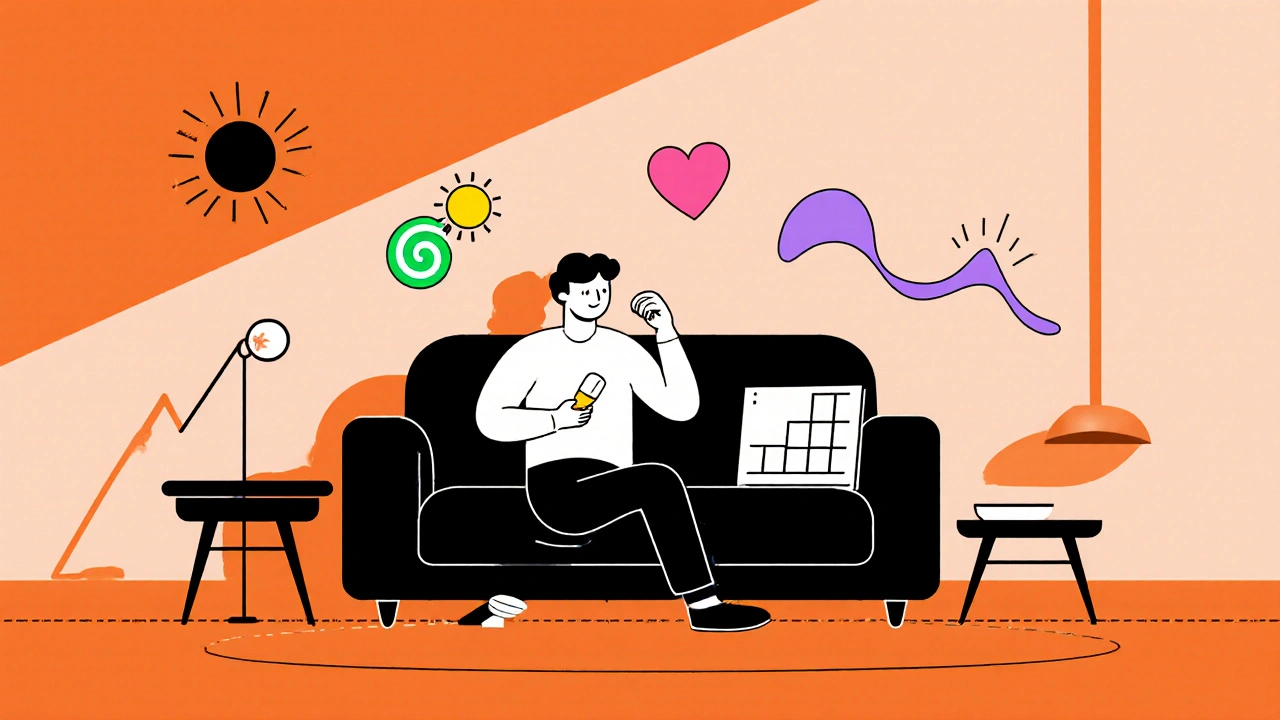 Person on a sofa with icons for side effects and a tapering schedule in Bauhaus illustration.
