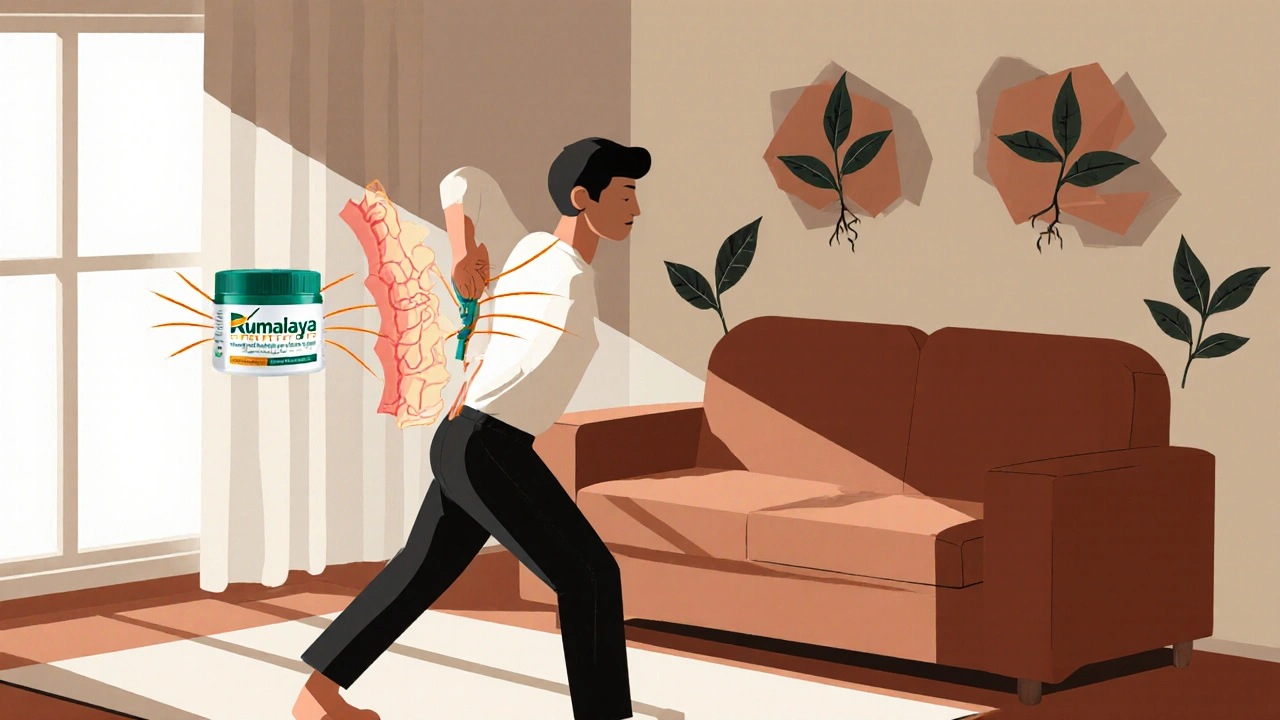 Person stretching while herbal energy repairs joint tissue in abstract geometric style.