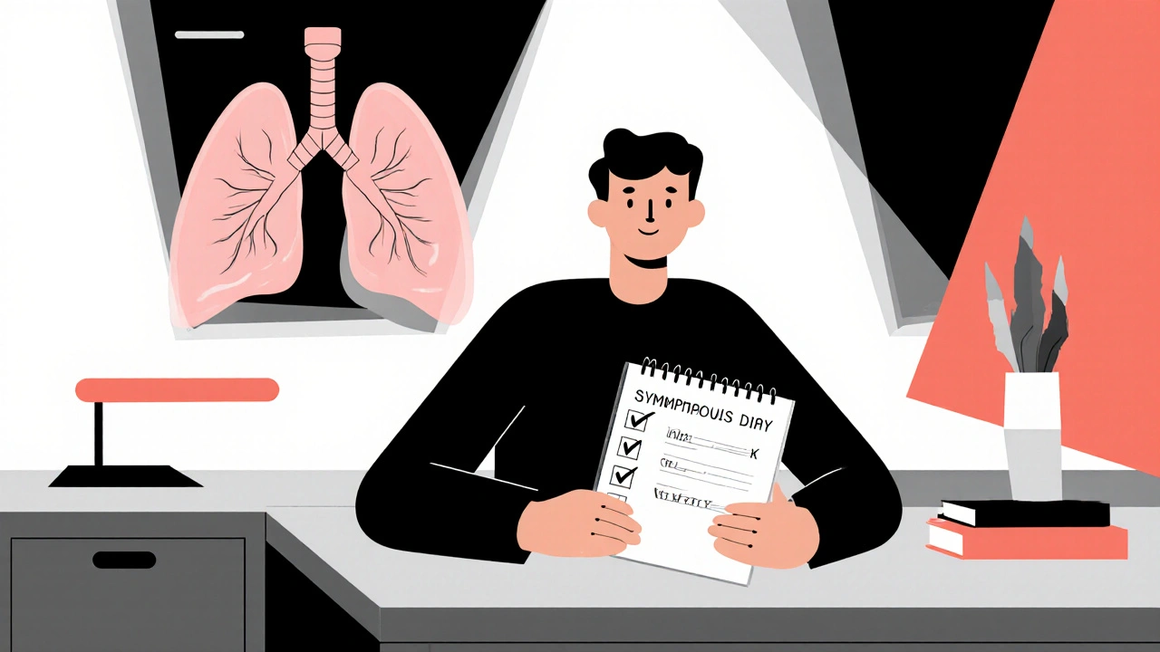 Person tracking asthma symptoms with a diary and lung diagram.