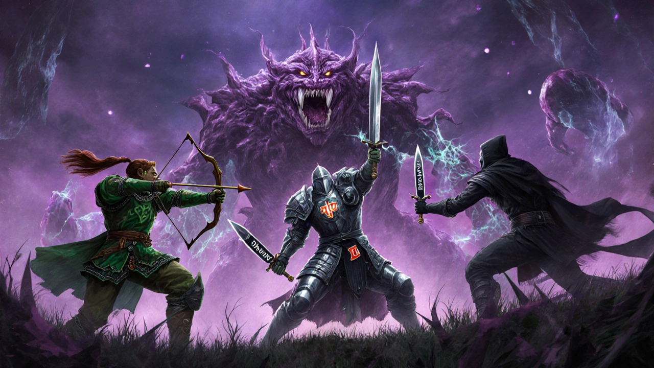 RPG heroes representing DOACs battle a large clot monster on a twilight battlefield.