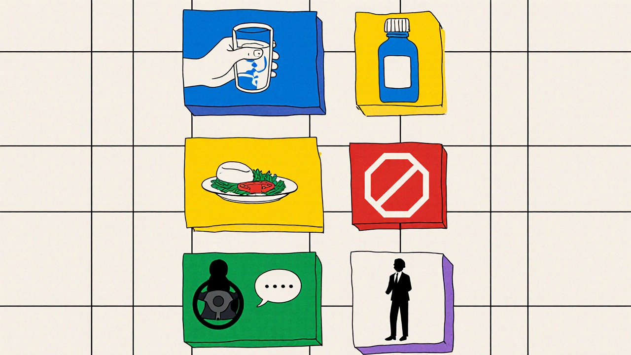 Series of colorful blocks showing water, food, stop sign on a car, pharmacist, and a 4‑hour clock.