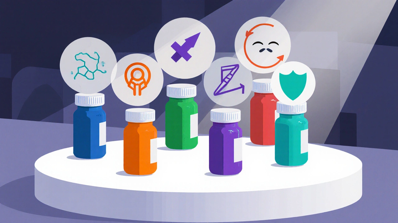 Six colored pill bottles each with an icon showing their drug mechanism on a round platform.