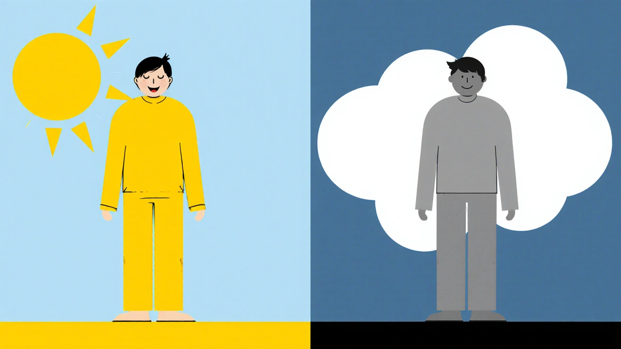 Split scene showing refreshed person after low dose and groggy person after high dose.