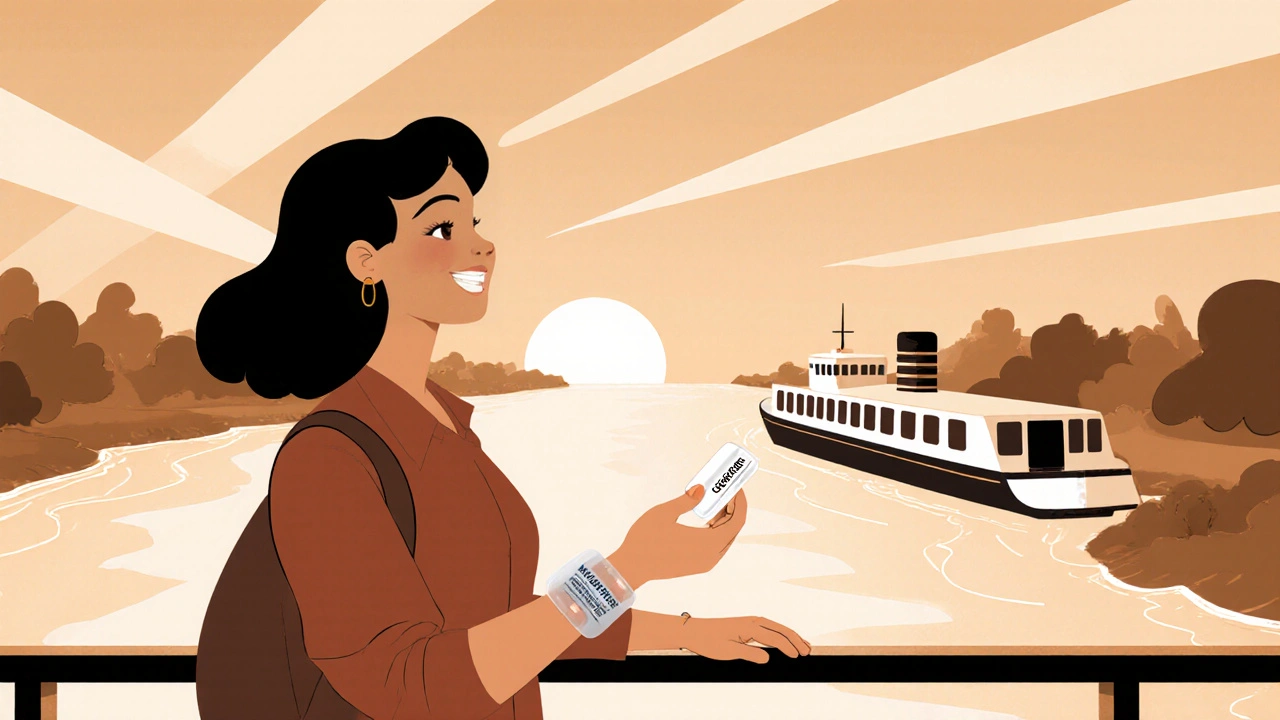 Traveler on a river cruise deck holding a Meclizine pill, avoiding a patch.