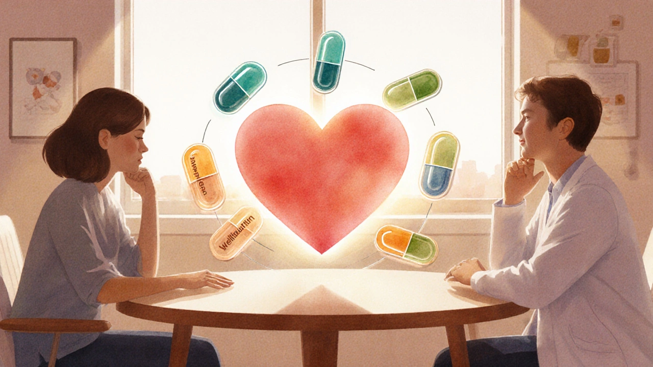 Watercolor scene of patient and doctor discussing treatment options with floating pill icons.
