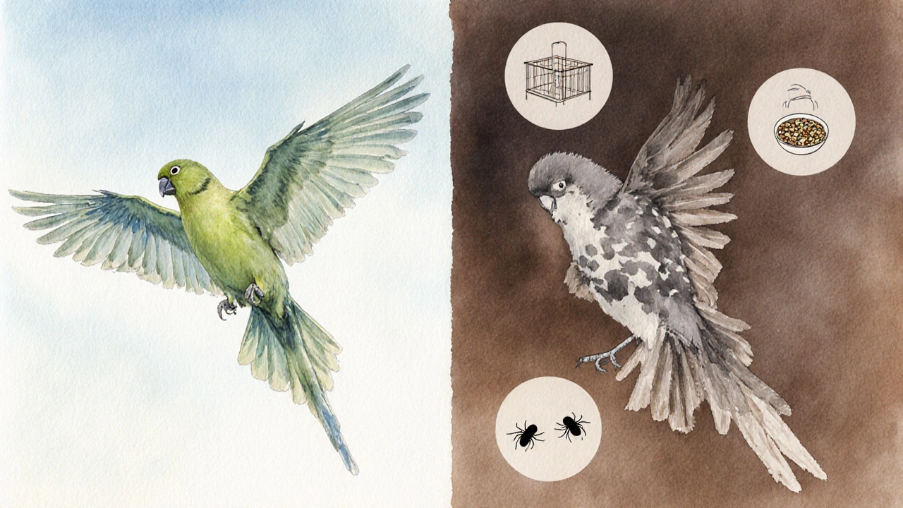 Watercolor split illustration comparing normal molting with irregular deplumation.