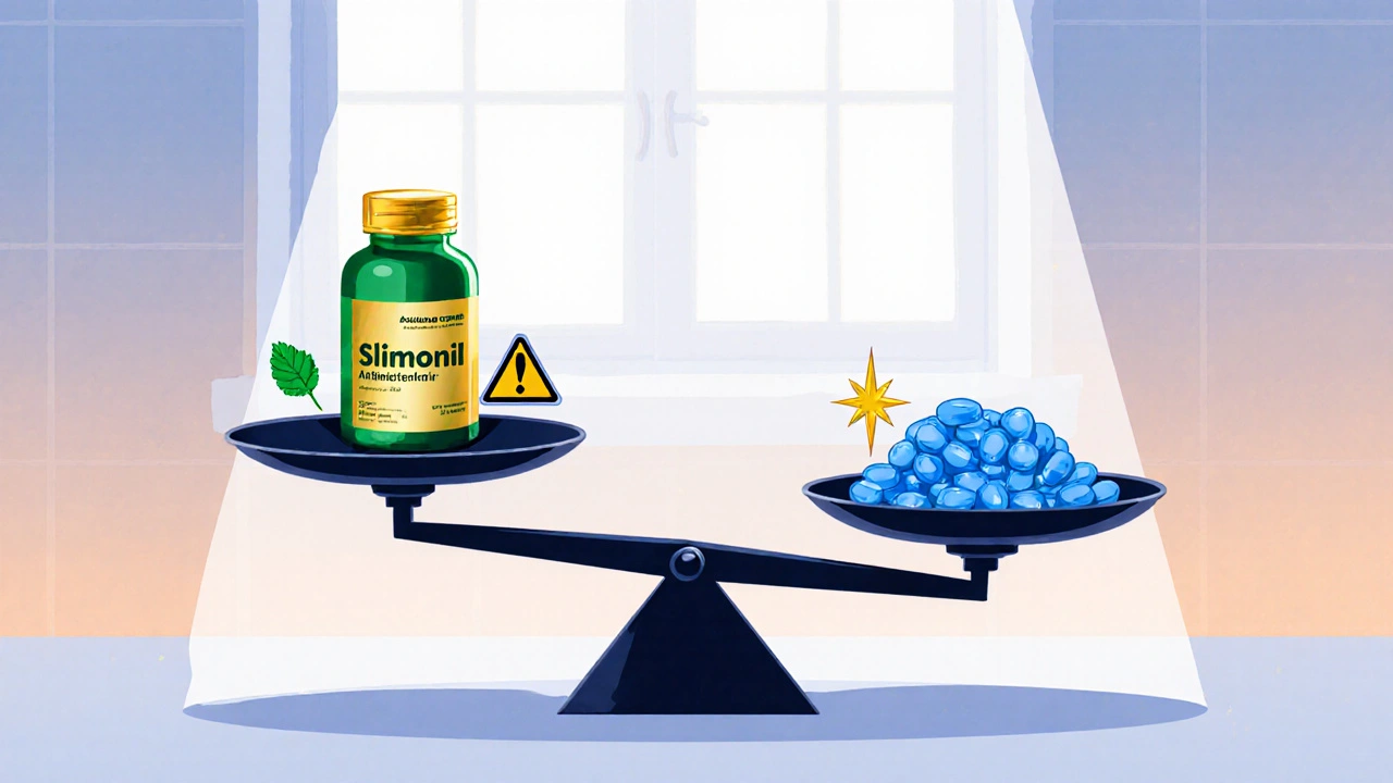 Weighing scale showing Slimonil bottle against metformin tablets in a kitchen.