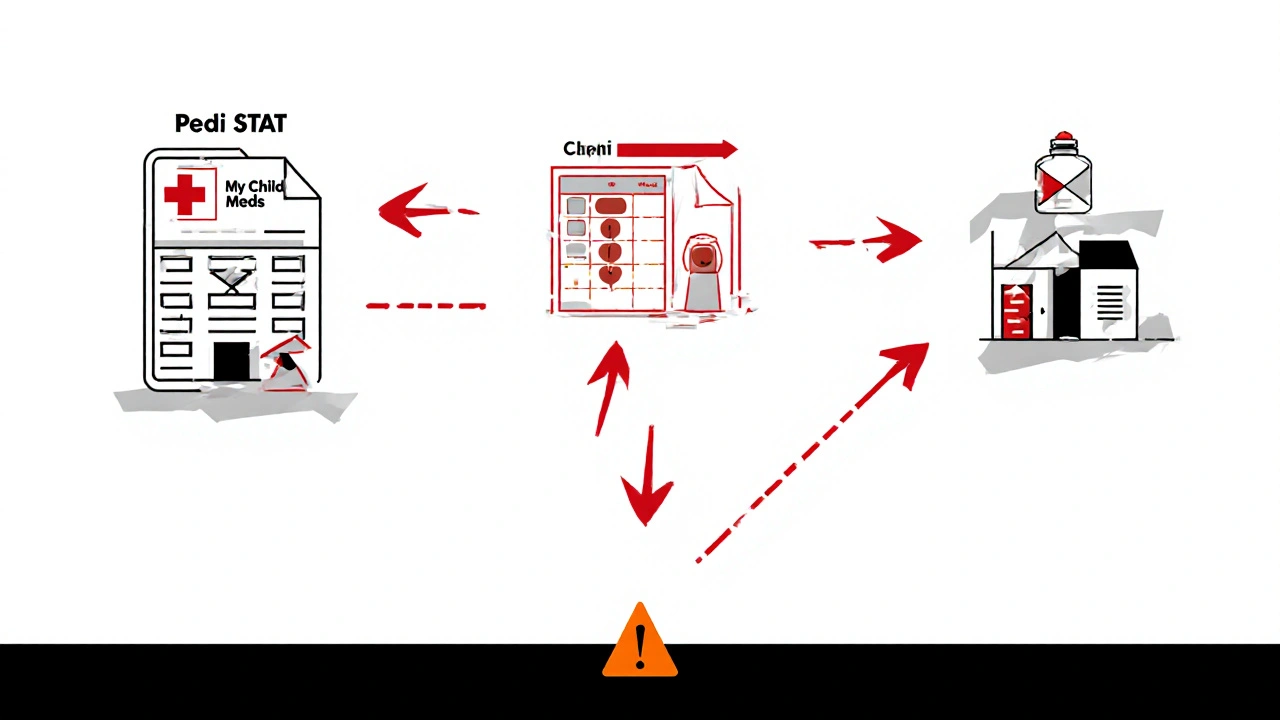 Abstract geometric representation of disconnected pediatric medication systems with warning triangle.