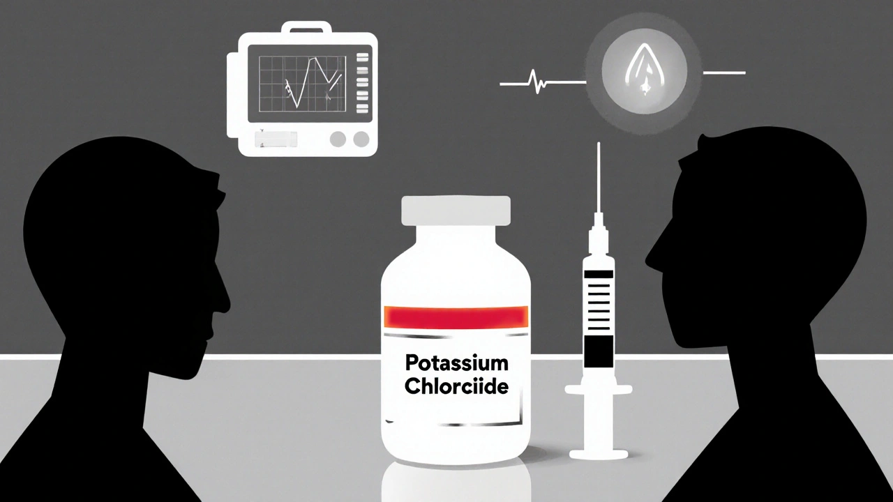 Concentrated potassium vial with abstract figures verifying dose, red warning stripe visible.
