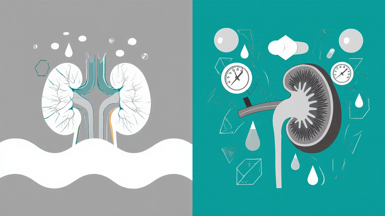 Contrasting images of a damaged kidney versus a healed one, with geometric forms and flowing sugar.