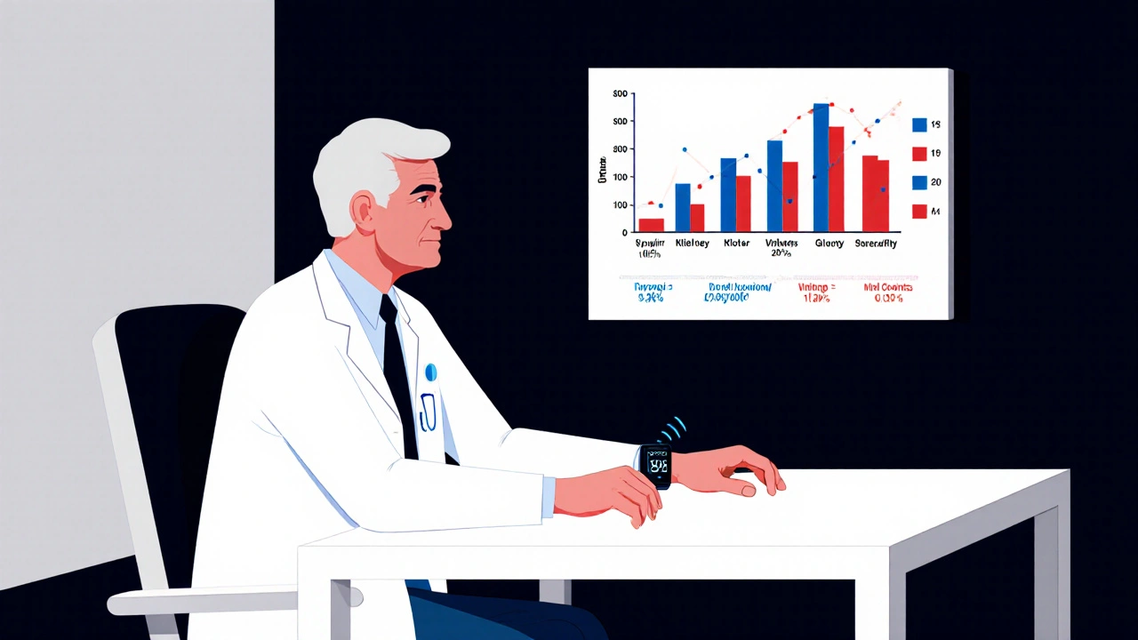 Doctor and patient reviewing lab data on a geometric chart with wearable device pulses.