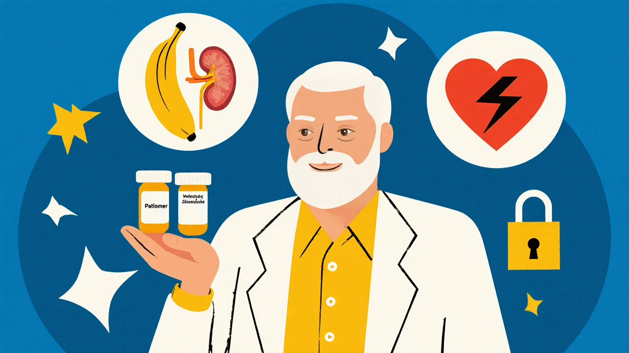 Elderly patient receiving potassium binder capsules with dietary icons