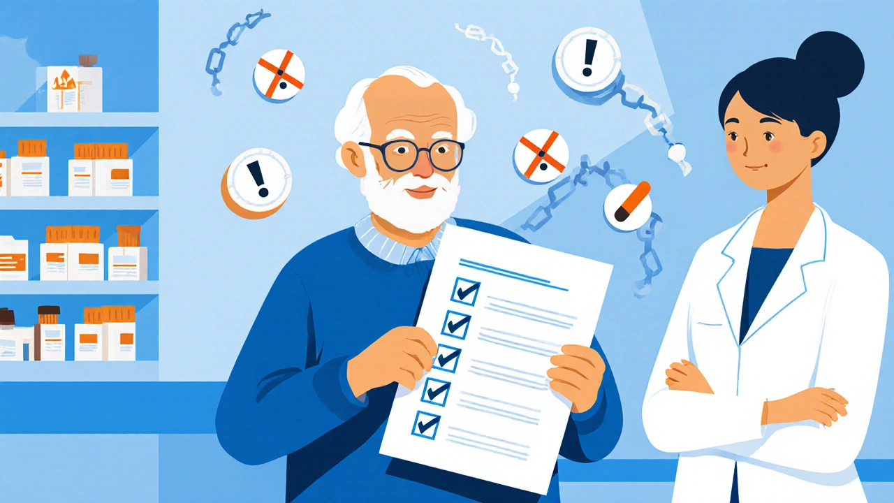 Elderly person holding a medication list with warning symbols for drug interactions.