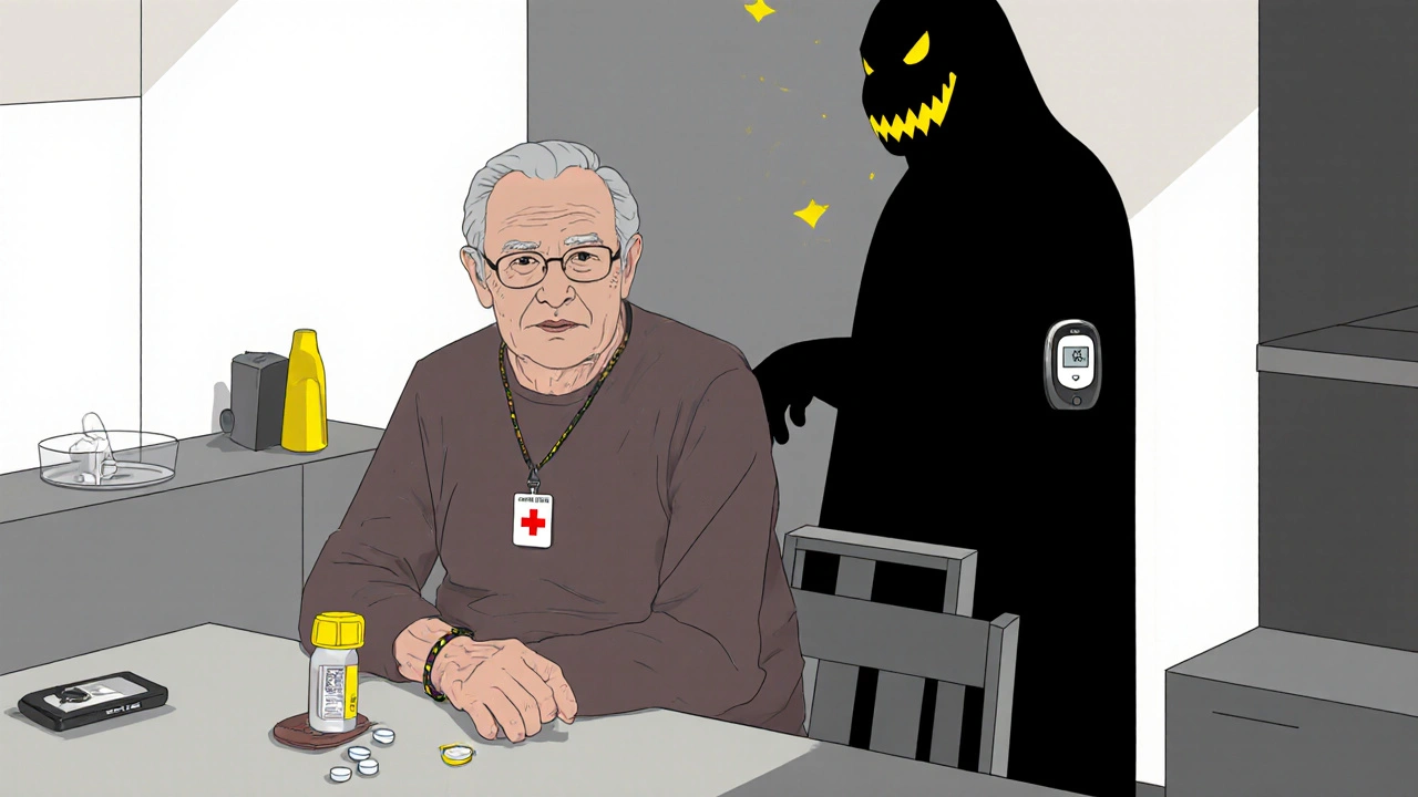 Elderly person with glucose tablets and CGM, shadow of hypoglycemia behind them