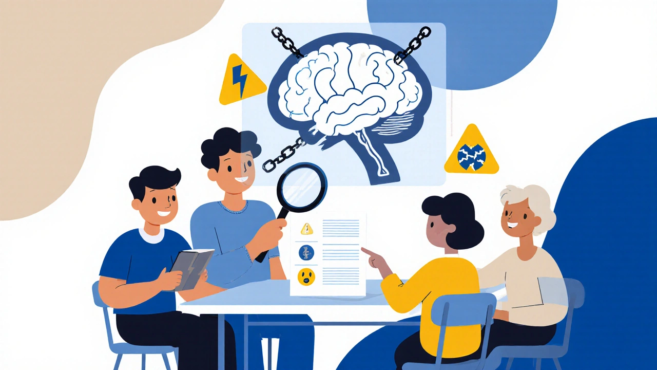 Family reviewing medication labels while a transparent brain shows warning symbols above.