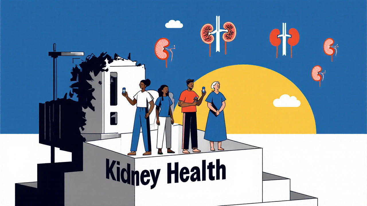 Figures standing on a health platform as a dialysis machine fades in shadow behind them.
