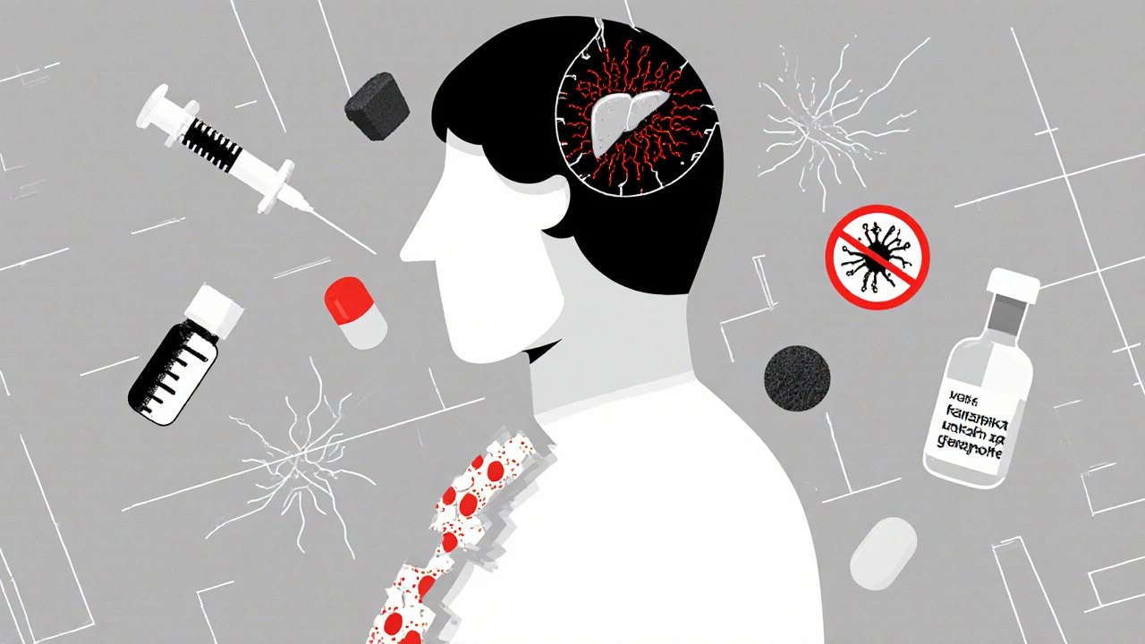 Fragmented human figure showing organ damage from multiple drugs, surrounded by geometric antidote symbols.