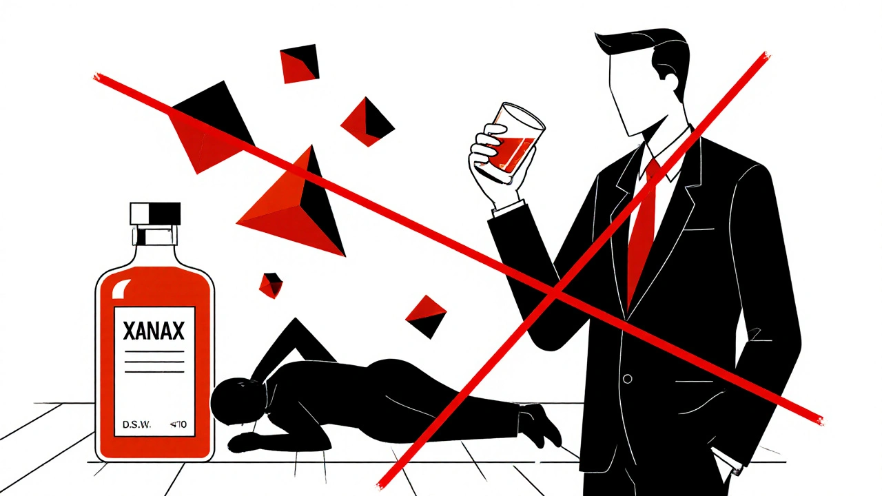 Man holding whiskey next to Xanax bottle, with a red slash and drowsy shadow figure in Bauhaus design.