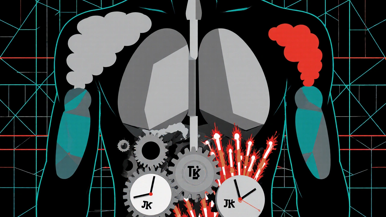 Mechanical torso with fat blocks, insulin gears, and dimmed energy cells in a grid-lined schematic style.